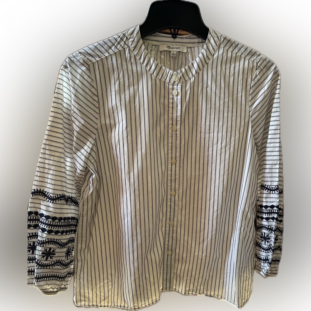 Madewell White and Navy Striped Button Down Shirt